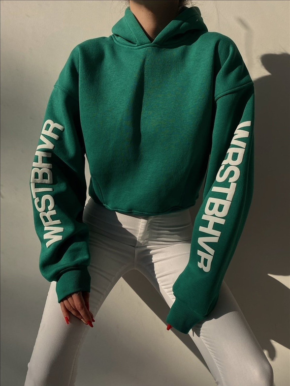 Kolları Yazılı Kapüşonlu Basic Kadın Yeşil Sweat 22K000289