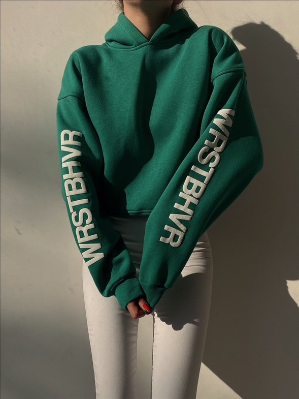 Kolları Yazılı Kapüşonlu Basic Kadın Yeşil Sweat 22K000289