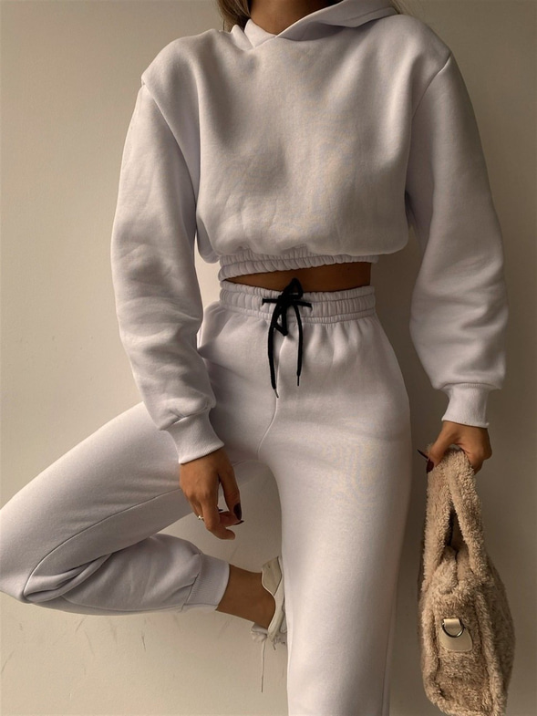 Kapüşonlu Crop Sweat Bağcıklı Alt Arella Kadın Beyaz Eşofman Takım 22K000195