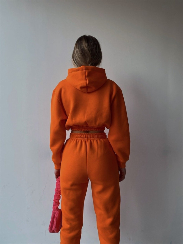 Kapüşonlu Crop Sweat Bağcıklı Alt Arella Kadın Turuncu Eşofman Takım 22K000195