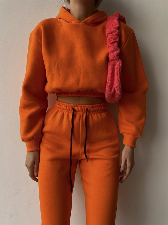 Kapüşonlu Crop Sweat Bağcıklı Alt Arella Kadın Turuncu Eşofman Takım 22K000195