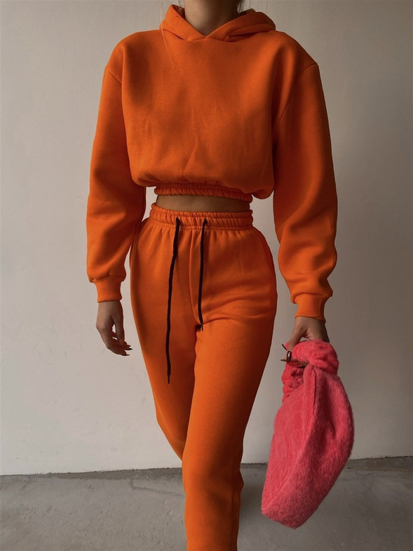 Kapüşonlu Crop Sweat Bağcıklı Alt Arella Kadın Turuncu Eşofman Takım 22K000195