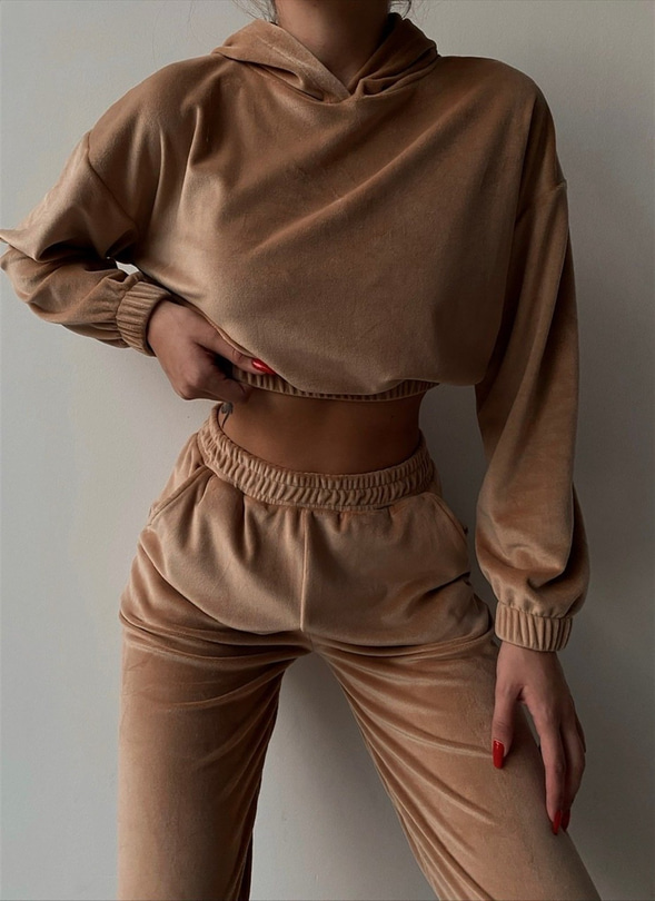 Kapüşonlu Crop Sweat Lastikli alt Kadife Kadın Bej Renk İkili Takım 22K000174