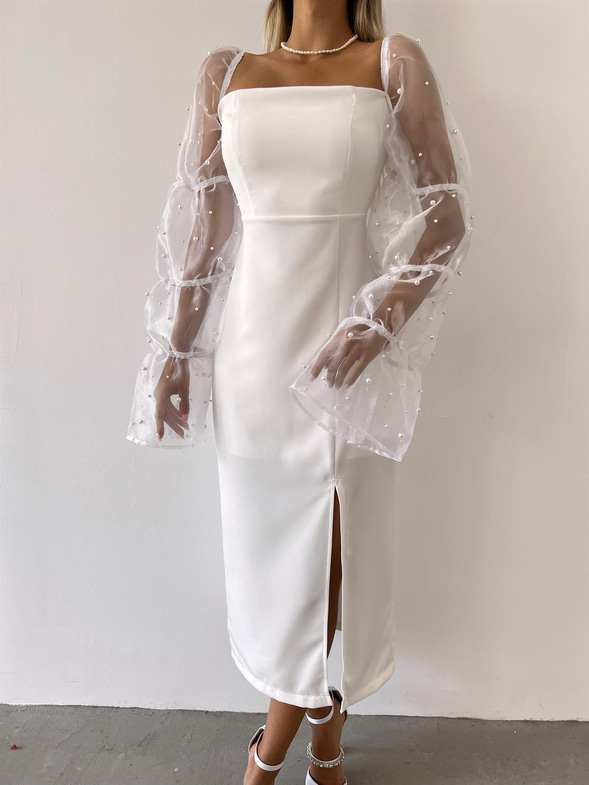 Kare Yaka Omzu Lastikli Uzun Tül Kol Pattern Kadın Beyaz Midi Elbise Elbise 23K000443