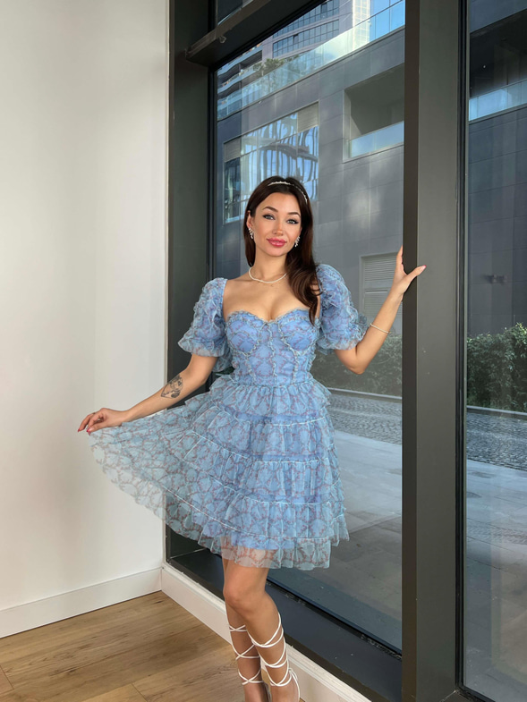 Kısa Balon Kol Eteği Katlı Kayron Kadın Mavi Mini Elbise 24Y068