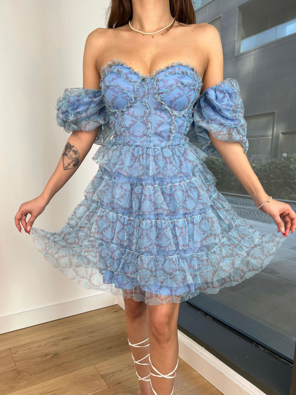 Kısa Balon Kol Eteği Katlı Kayron Kadın Mavi Mini Elbise 24Y068