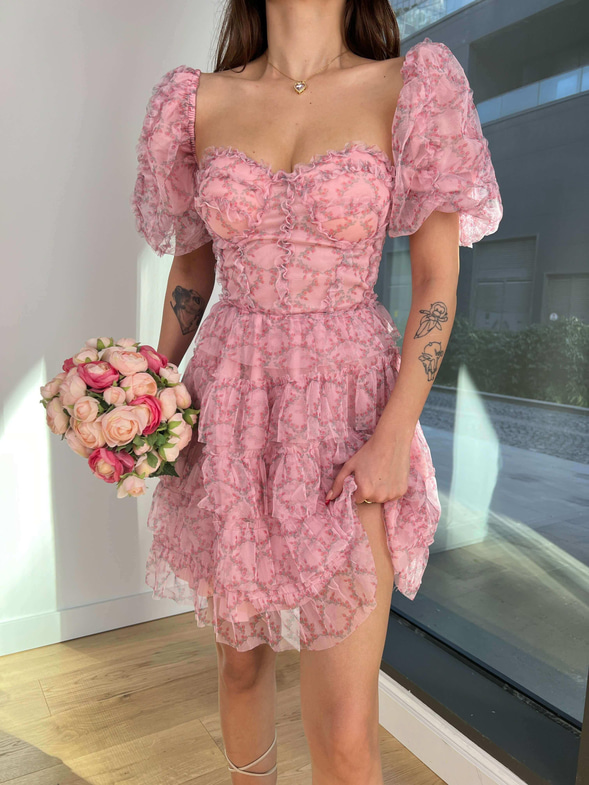 Kısa Balon Kol Eteği Katlı Kayron Kadın Pudra Mini Elbise 24Y068