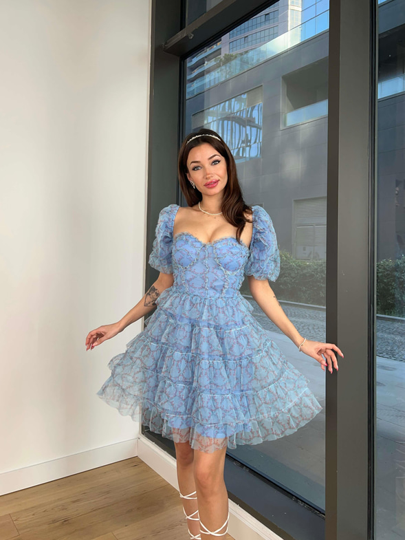 Kısa Balon Kol Eteği Katlı Kayron Kadın Mavi Mini Elbise 24Y068