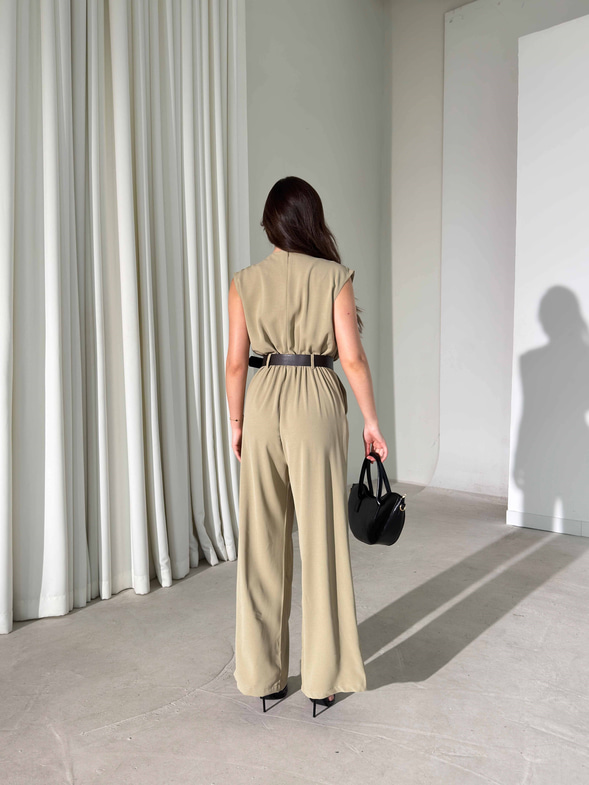 Drape Detaylı Kemerli Haki Keely Kadın Tulum 26Y386