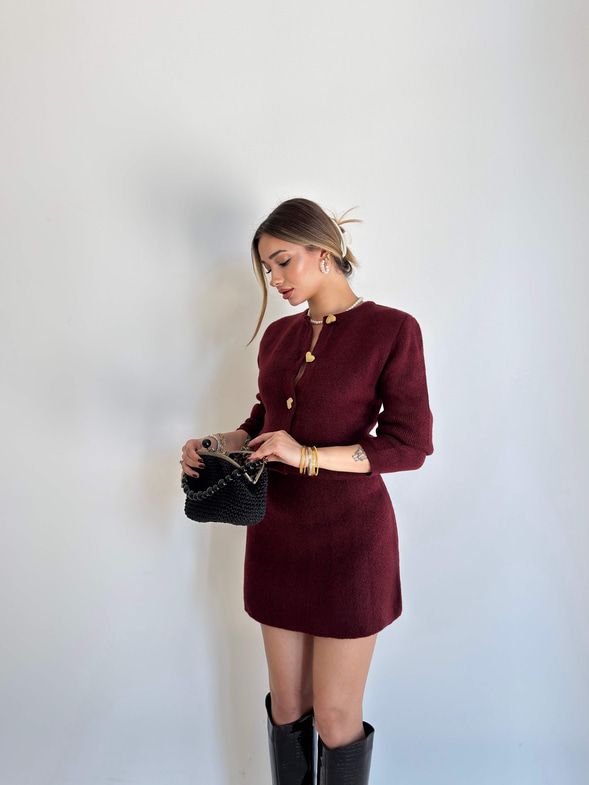 Kalp Düğmeli Hırka Beli Lastikli Mini Etek Keldi Bordo Kadın İkili Triko Takım 26K157