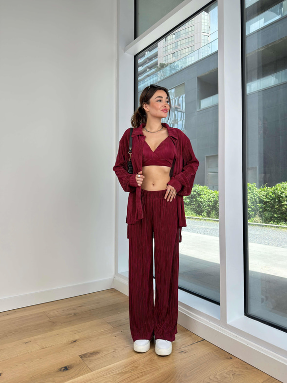 Askılı Bralet Yüksek Bel Bol Pantolon Ve Gömlek Kens Kadın Bordo Üçlü Piliseli Takım 23Y000427