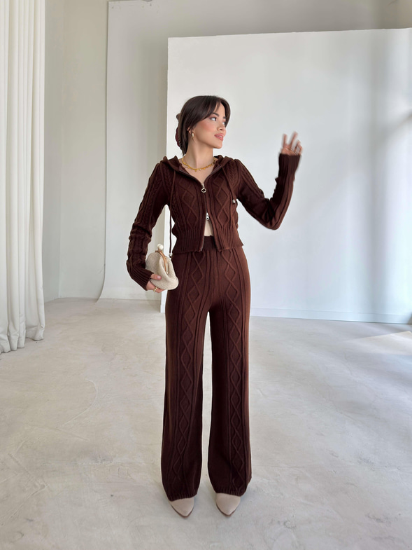 Kapüşonlu Önü Fermuarlı Keplini Kahve Kadın İkili Triko Takım 26K198