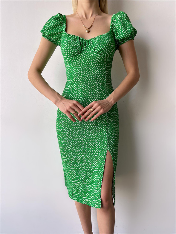 Düşük Omuz Kolları Lastikli Keven Kadın Yeşil Midi Elbise 23Y000270