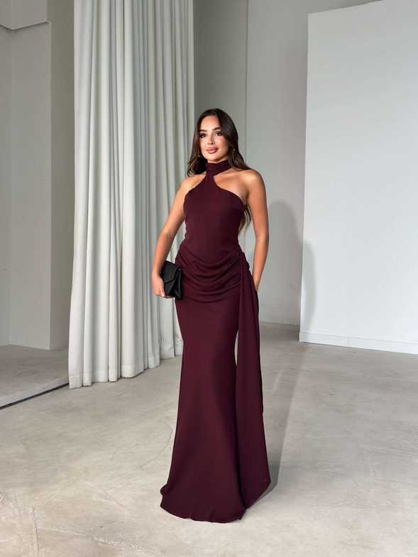 Boğazlı Asimetrik Yaka Drape Detaylı Maxi Boy Mürdüm Keyna Kadın Elbise 26Y523