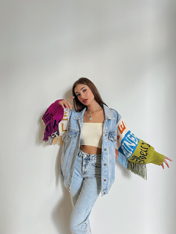 Kolları Örme Kumaş Püskül Detaylı Lolano Kadın Denim Mavi Ceket 24k000062