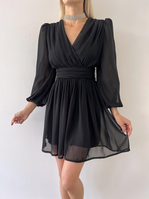 Kruvaze Yaka Belden Oturtmalı Vette Kadın Siyah Şifon Mini Elbise 23Y000075