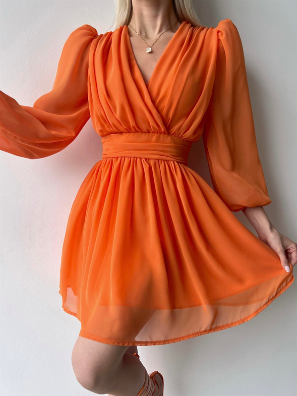 Kruvaze Yaka Belden Oturtmalı Vette Kadın Turuncu Şifon Mini Elbise 23Y000075