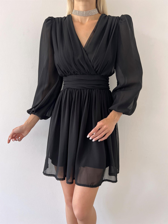 Kruvaze Yaka Belden Oturtmalı Vette Kadın Siyah Şifon Mini Elbise 23Y000075