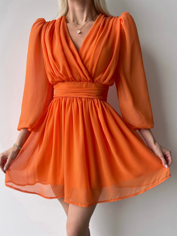 Kruvaze Yaka Belden Oturtmalı Vette Kadın Turuncu Şifon Mini Elbise 23Y000075