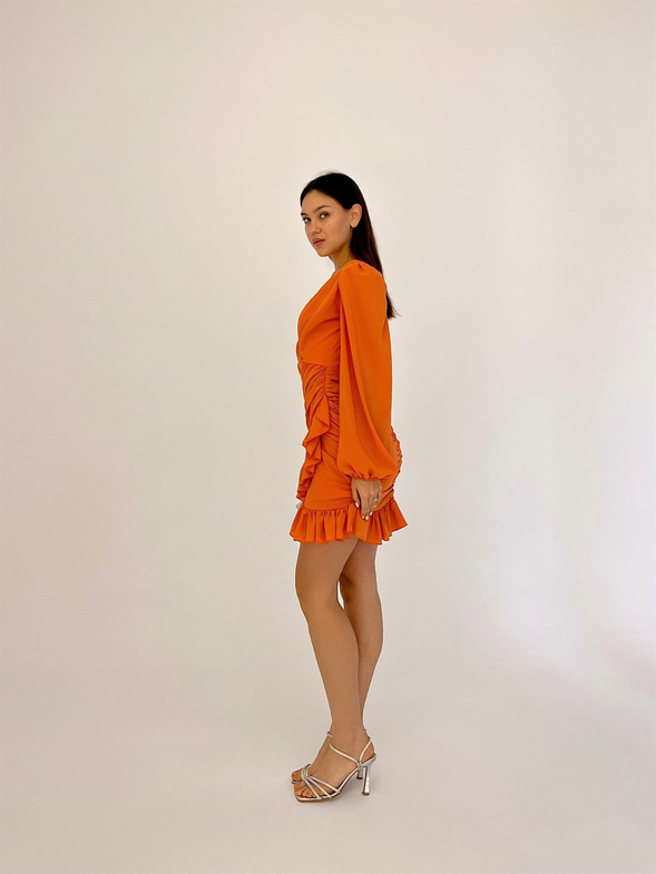 Kruvaze Yaka Drapeli Etek Kısmı Fırfırlı Amara Kadın Turuncu Mini Elbise 22Y000015