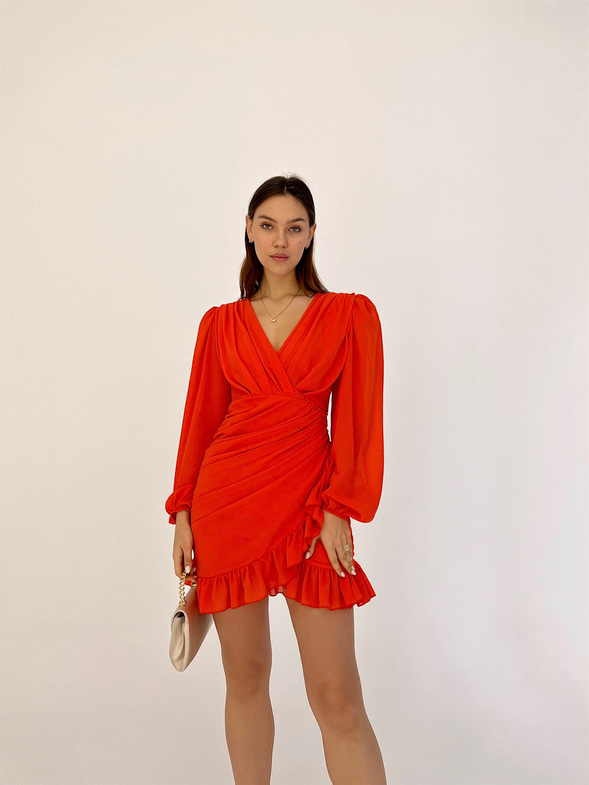 Kruvaze Yaka Drapeli Etek Kısmı Fırfırlı Amara Kadın Oranj Mini Elbise 22Y000015