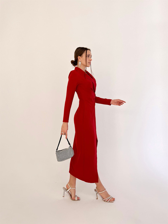 Kruvaze Yaka Uzun Kol Derin Yırtmaçlı Weston Kadın Kırmızı Midi Elbise 23K000417