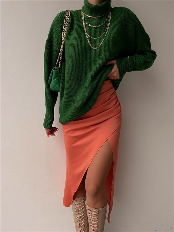 Kruvaze Yandan Yırtmaçlı Drape Kadın Somon Etek 22K000374