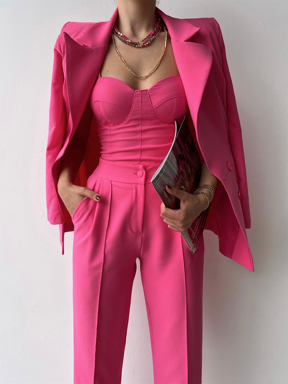 Kuplu Bluz Blazer Ceket & Pantolon Adelisa Kadın Fuşya Üçlü Takım 22K000262