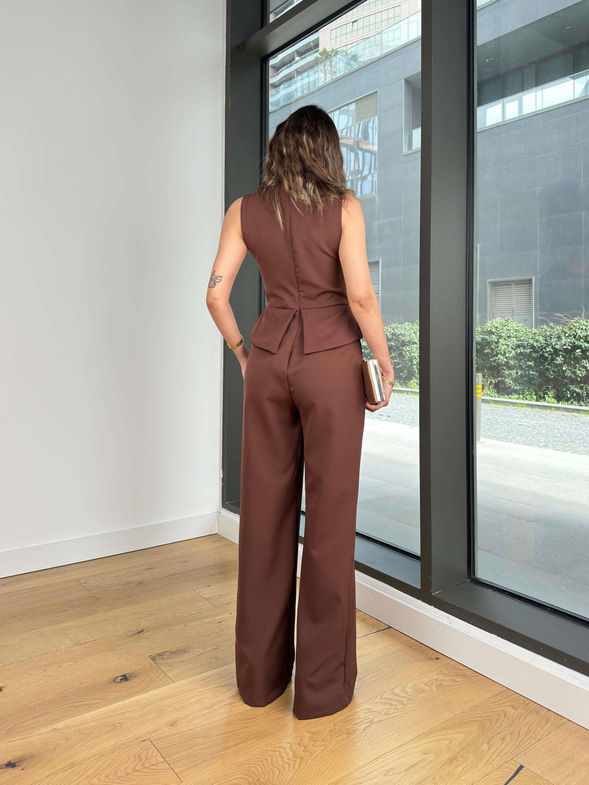 Kalın Askılı Düğme Detaylı Bol Paça Ladey Kahve Kadın Tulum 24Y121