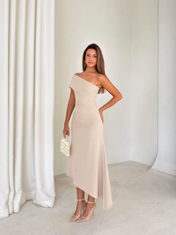 Eteği Ve Yakası Asimetrik Lamleri Bej Kadın Midi Elbise 26K200