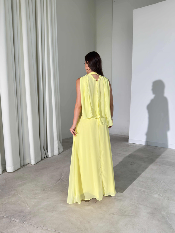 Şallı Pile Detaylı Maxi Boy Sarı Larren Kadın Elbise 26Y395