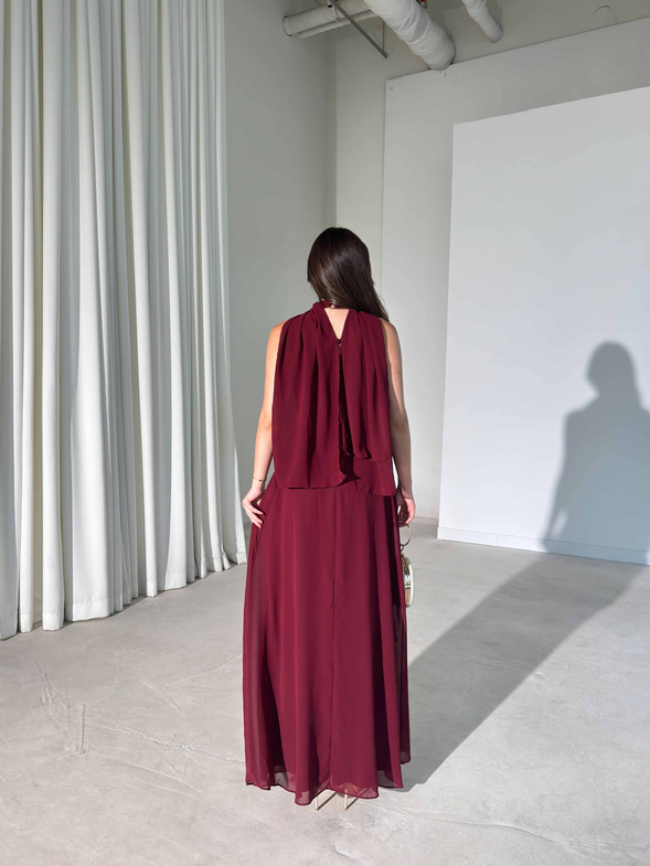 Şallı Pile Detaylı Maxi Boy Bordo Larren Kadın Elbise 26Y395
