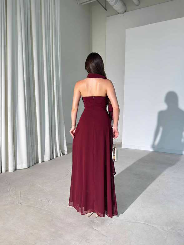 Şallı Pile Detaylı Maxi Boy Bordo Larren Kadın Elbise 26Y395