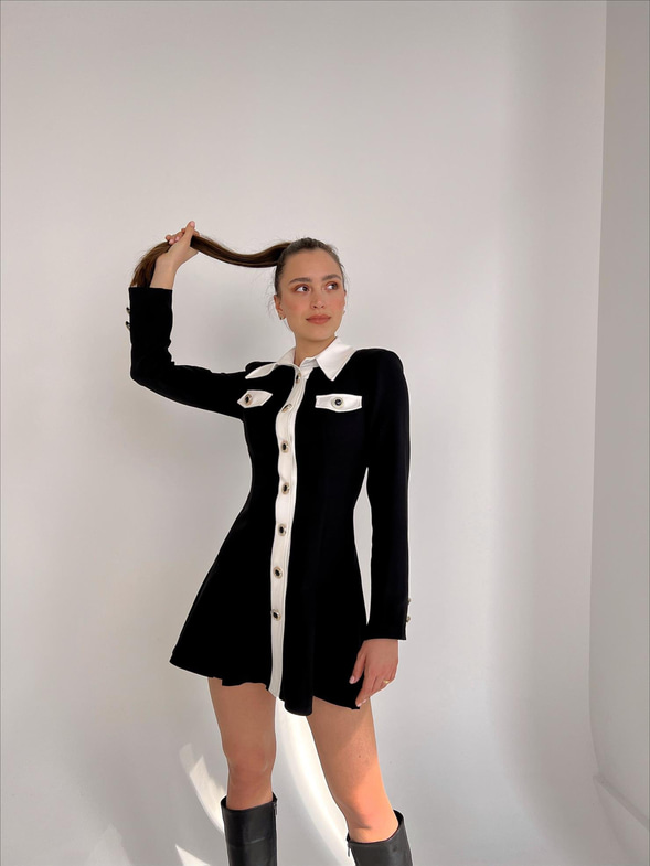 Gömlek Yaka Önü Düğme Kapamalı Eteği Volanlı Leatrice Kadın Siyah Mini Elbise 23Y000069