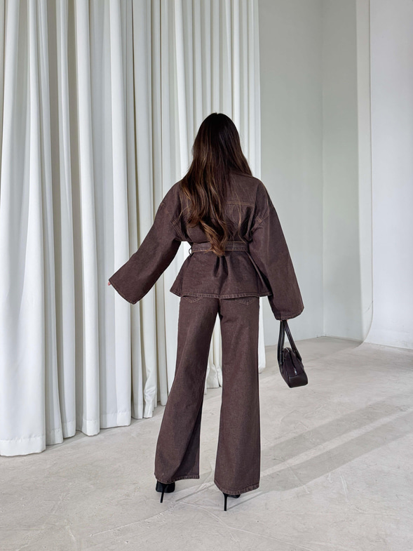 Kuşaklı Cep Detaylı Ledore Kot Kahve Kadın İkili Takım 26Y007