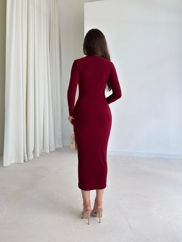 Drape Detaylı Tül Şeritli Midi Boy Lelia Bordo Kadın Elbise 26K017