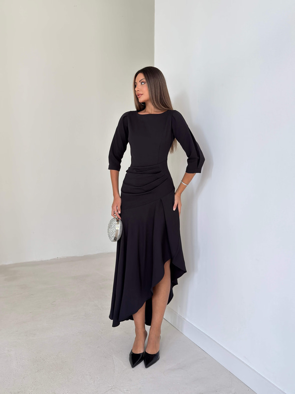 Ön Beden Drapeli Pileli Lemda Siyah Kadın Elbise 26K033