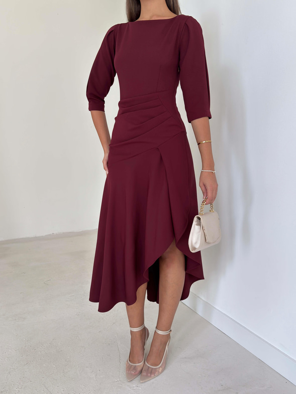 Ön Beden Drapeli Pileli Lemda Bordo Kadın Elbise 26K033