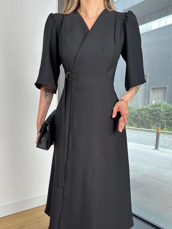 Kruvaze Yandan Bağlamalı Yarım Kol Leybıl Siyah Kadın Midi Elbise 25Y207