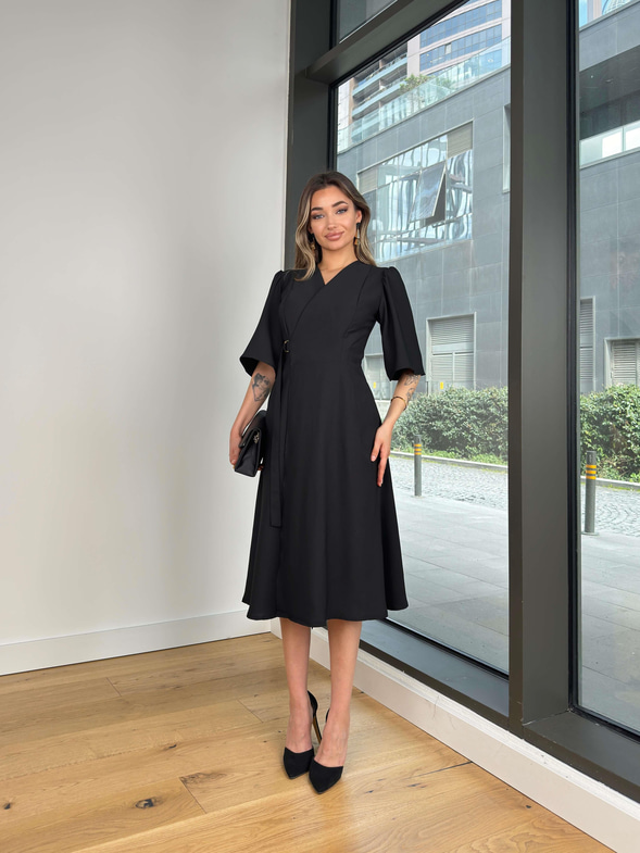 Kruvaze Yandan Bağlamalı Yarım Kol Leybıl Siyah Kadın Midi Elbise 25Y207