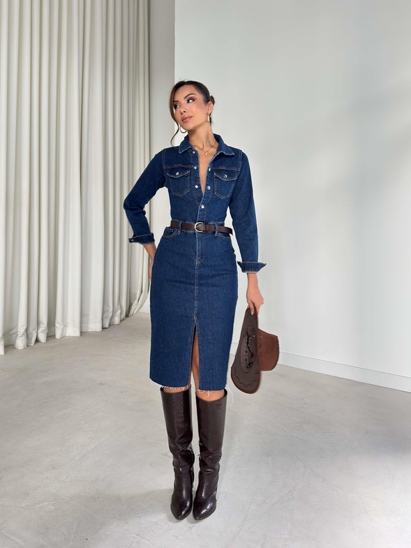 Önü Yırtmaçlı Düğmeli Cep Detaylı Linerda Lacivert Kadın Kot Elbise 26K261