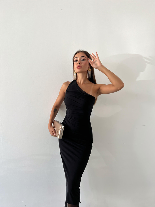 Tek Omuz Drape Detaylı Almeida Kadın Siyah Midi Elbise 23Y000612
