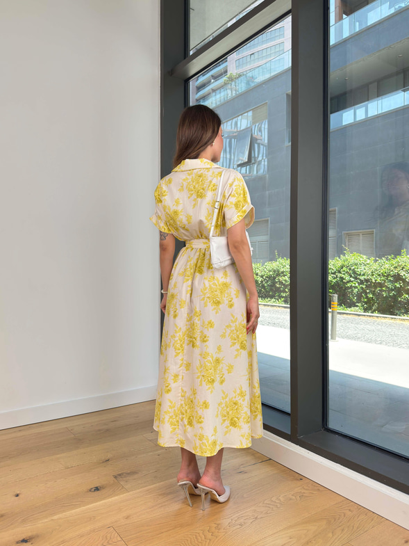 Kısa Kol Düğme Kapamalı Beli Kemerli Lorca Sarı Kadın Elbise 25Y447