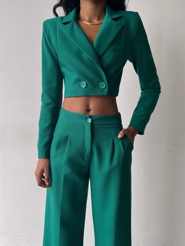 Kruvaze Yaka Ön Düğme Kapamalı Alt Yüksek Bel Lowell Kadın Zümrüt İkili Takım 23K000310