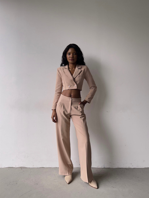 Kruvaze Yaka Ön Düğme Kapamalı Alt Yüksek Bel Lowell Kadın Bej İkili Takım 23K000310