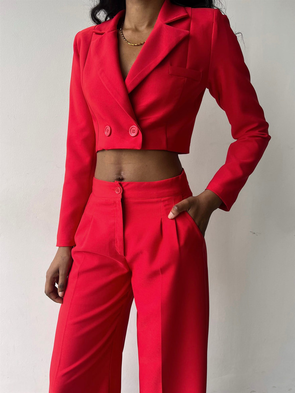 Kruvaze Yaka Ön Düğme Kapamalı Alt Yüksek Bel Lowell Kadın Kırmızı İkili Takım 23K000310
