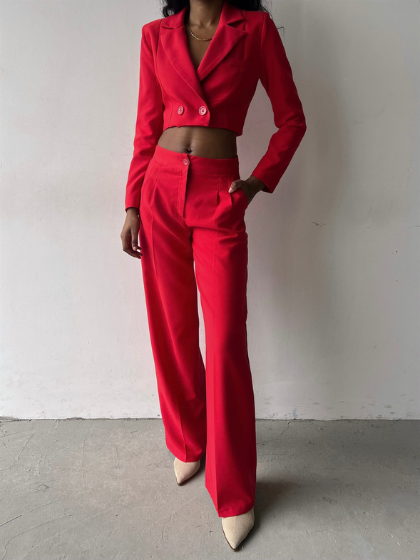 Kruvaze Yaka Ön Düğme Kapamalı Alt Yüksek Bel Lowell Kadın Kırmızı İkili Takım 23K000310