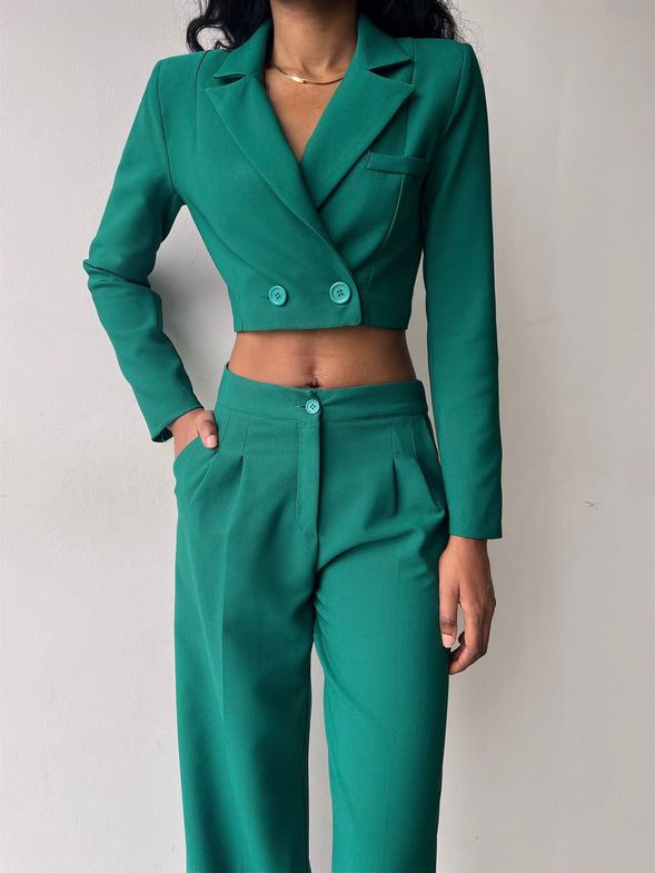 Kruvaze Yaka Ön Düğme Kapamalı Alt Yüksek Bel Lowell Kadın Zümrüt İkili Takım 23K000310