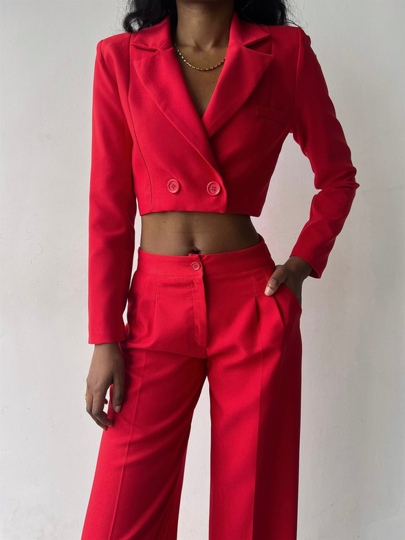 Kruvaze Yaka Ön Düğme Kapamalı Alt Yüksek Bel Lowell Kadın Kırmızı İkili Takım 23K000310