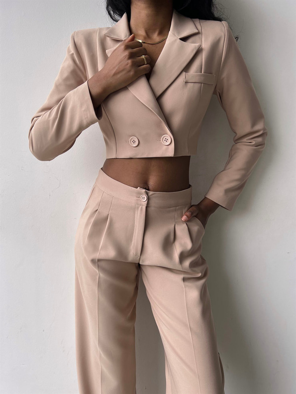 Kruvaze Yaka Ön Düğme Kapamalı Alt Yüksek Bel Lowell Kadın Bej İkili Takım 23K000310